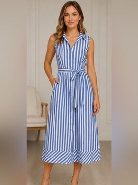 Talbots Blue and White Striped Sleeveless Shirt Dress